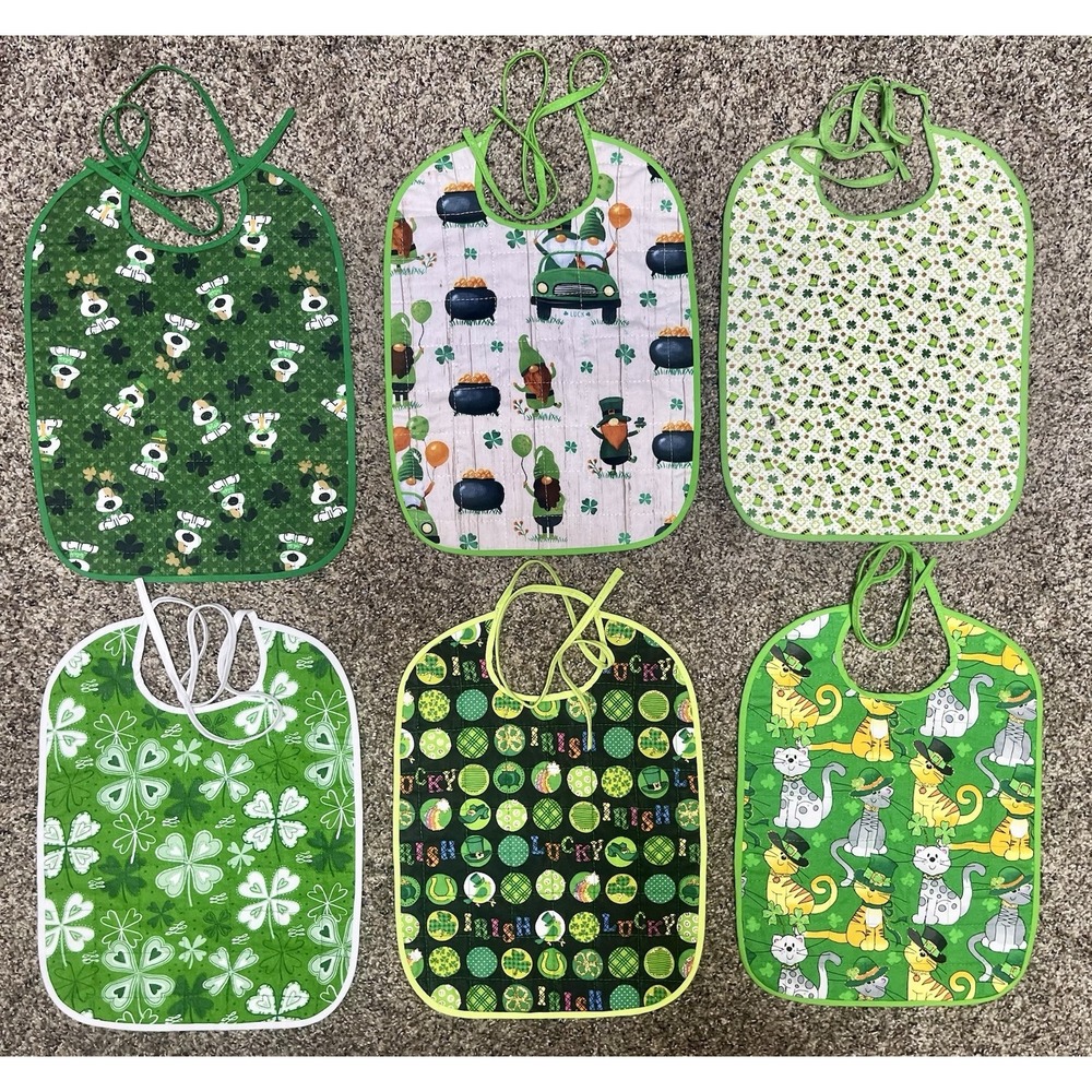 Lot Of 6 Quilted Handmade St. Patrick's Day Baby Bibs Large Size 12" X 9"